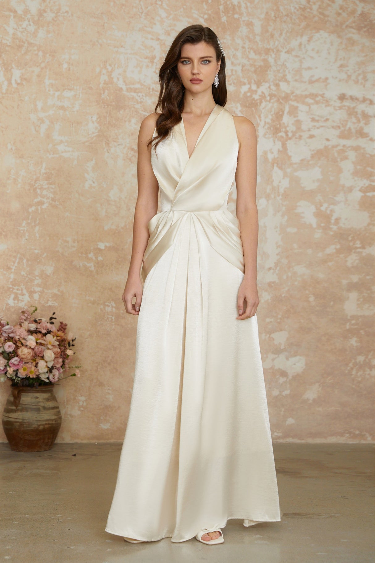 Aurohaya Cathmore Champagne Halterneck Draped Maxi Dress