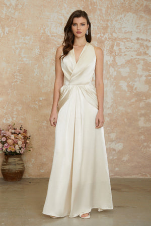 Aurohaya Cathmore Champagne Halterneck Draped Maxi Dress