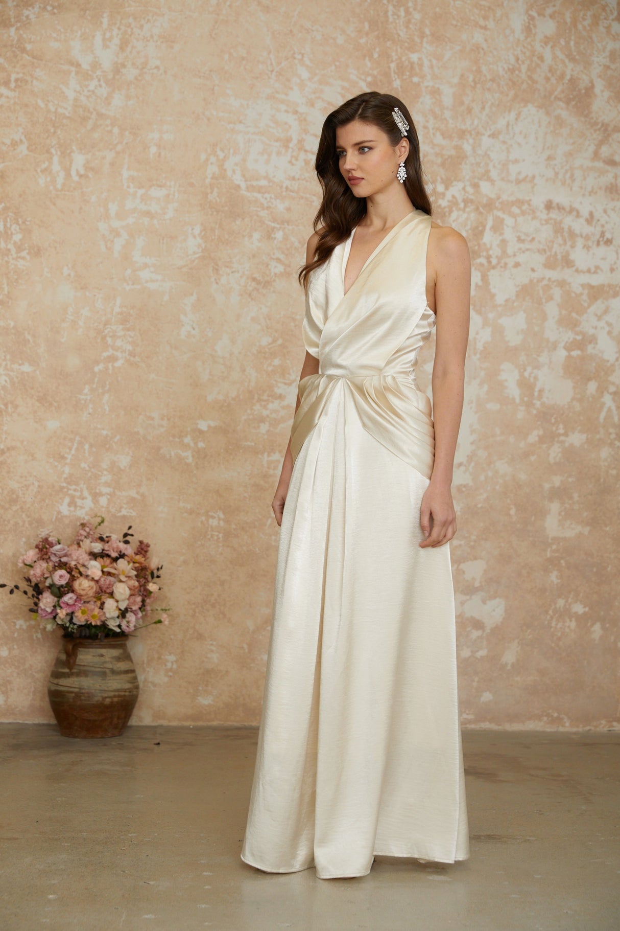 Aurohaya Cathmore Champagne Halterneck Draped Maxi Dress