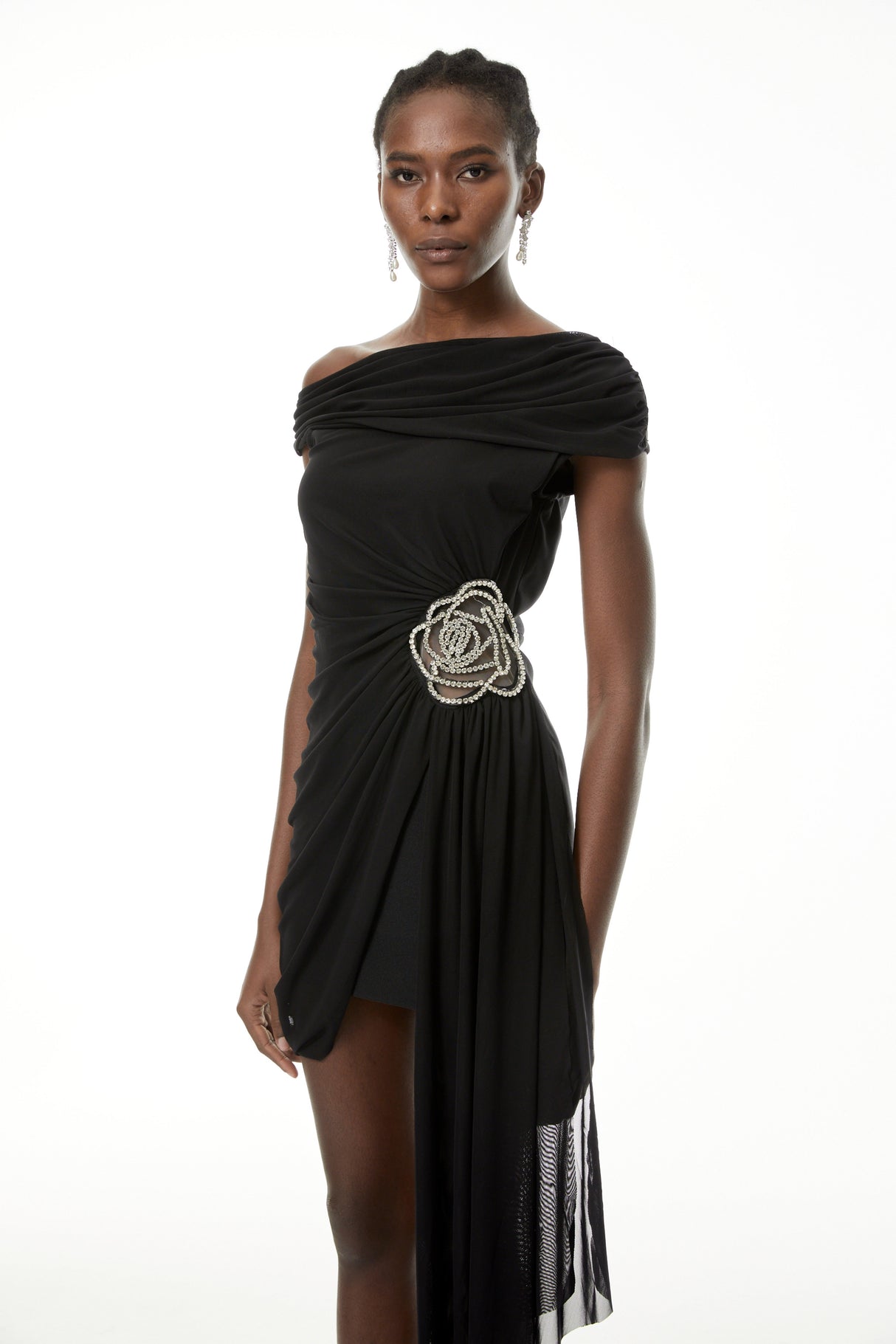 Aurohaya Cecil Black Rhinestone Floral Ruched Mini Dress