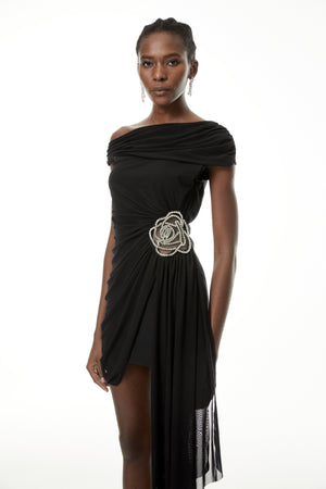 Aurohaya Cecil Black Rhinestone Floral Ruched Mini Dress