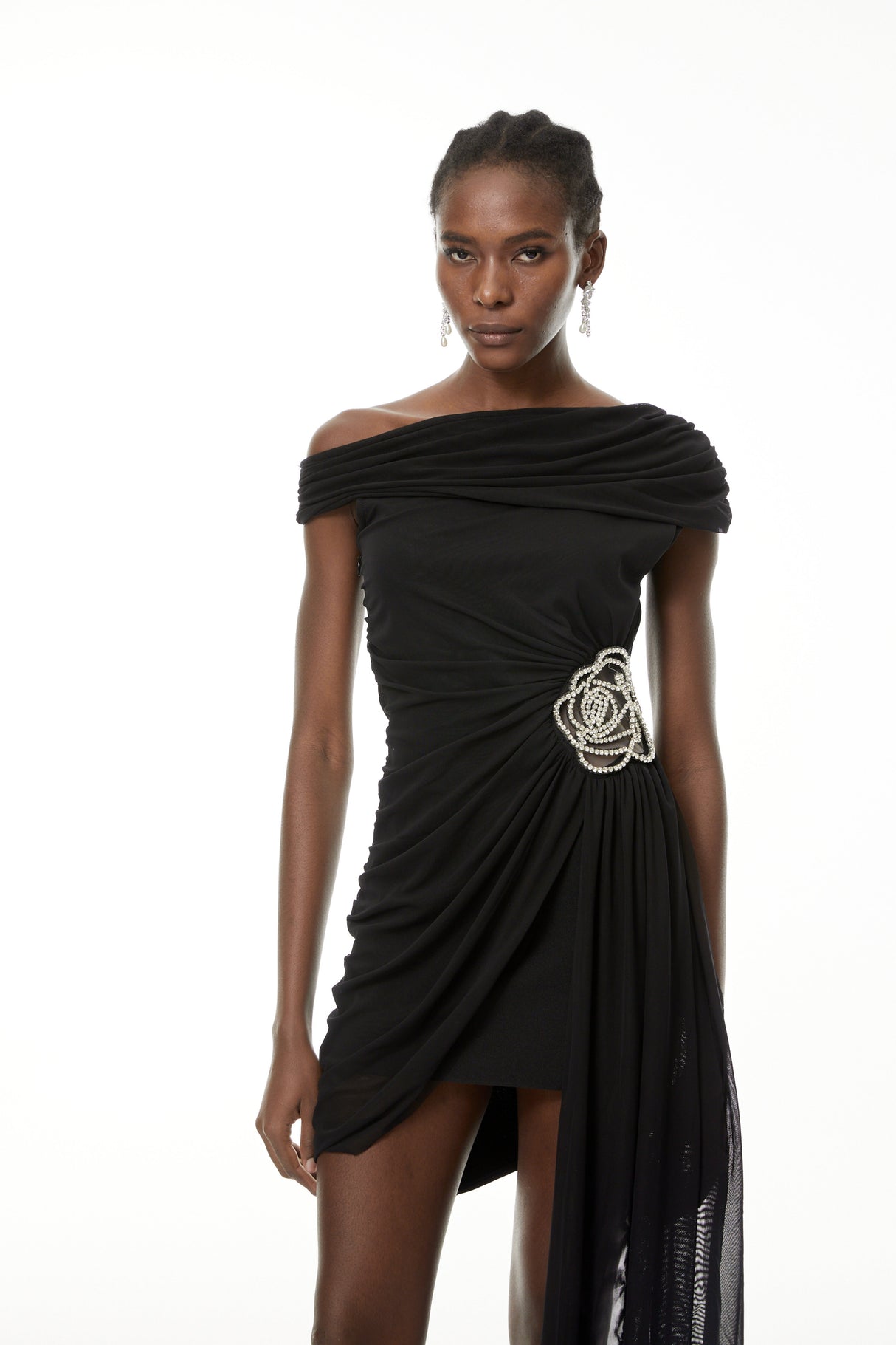 Aurohaya Cecil Black Rhinestone Floral Ruched Mini Dress