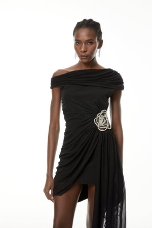 Aurohaya Cecil Black Rhinestone Floral Ruched Mini Dress
