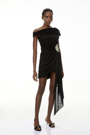 Aurohaya Cecil Black Rhinestone Floral Ruched Mini Dress