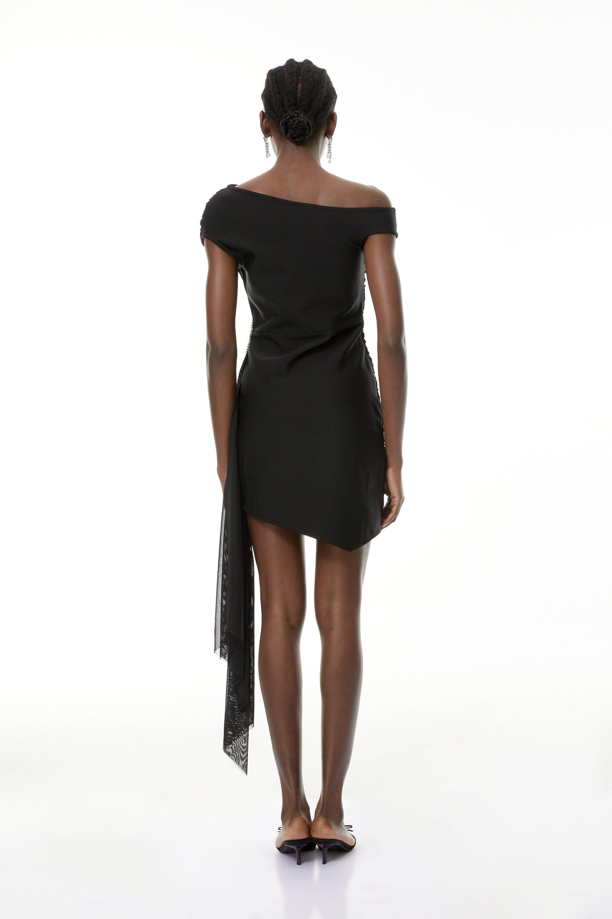 Aurohaya Cecil Black Rhinestone Floral Ruched Mini Dress