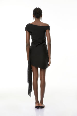 Aurohaya Cecil Black Rhinestone Floral Ruched Mini Dress
