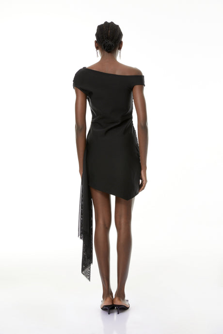 Aurohaya Cecil Black Rhinestone Floral Ruched Mini Dress