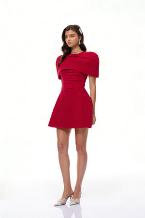 Aurohaya Celía Red Cape Design Flared Mini Dress