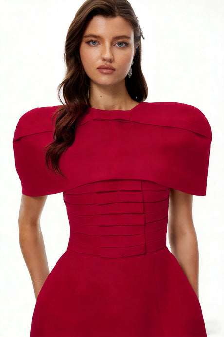 Aurohaya Celía Red Cape Design Flared Mini Dress