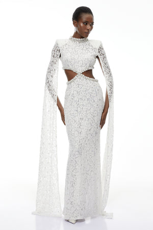 Aurohaya Chakame White Embellished Lace Maxi Dress
