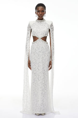 Aurohaya Chakame White Embellished Lace Maxi Dress