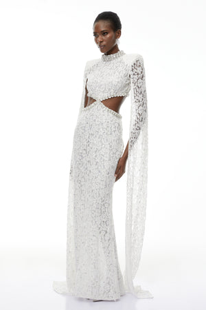 Aurohaya Chakame White Embellished Lace Maxi Dress