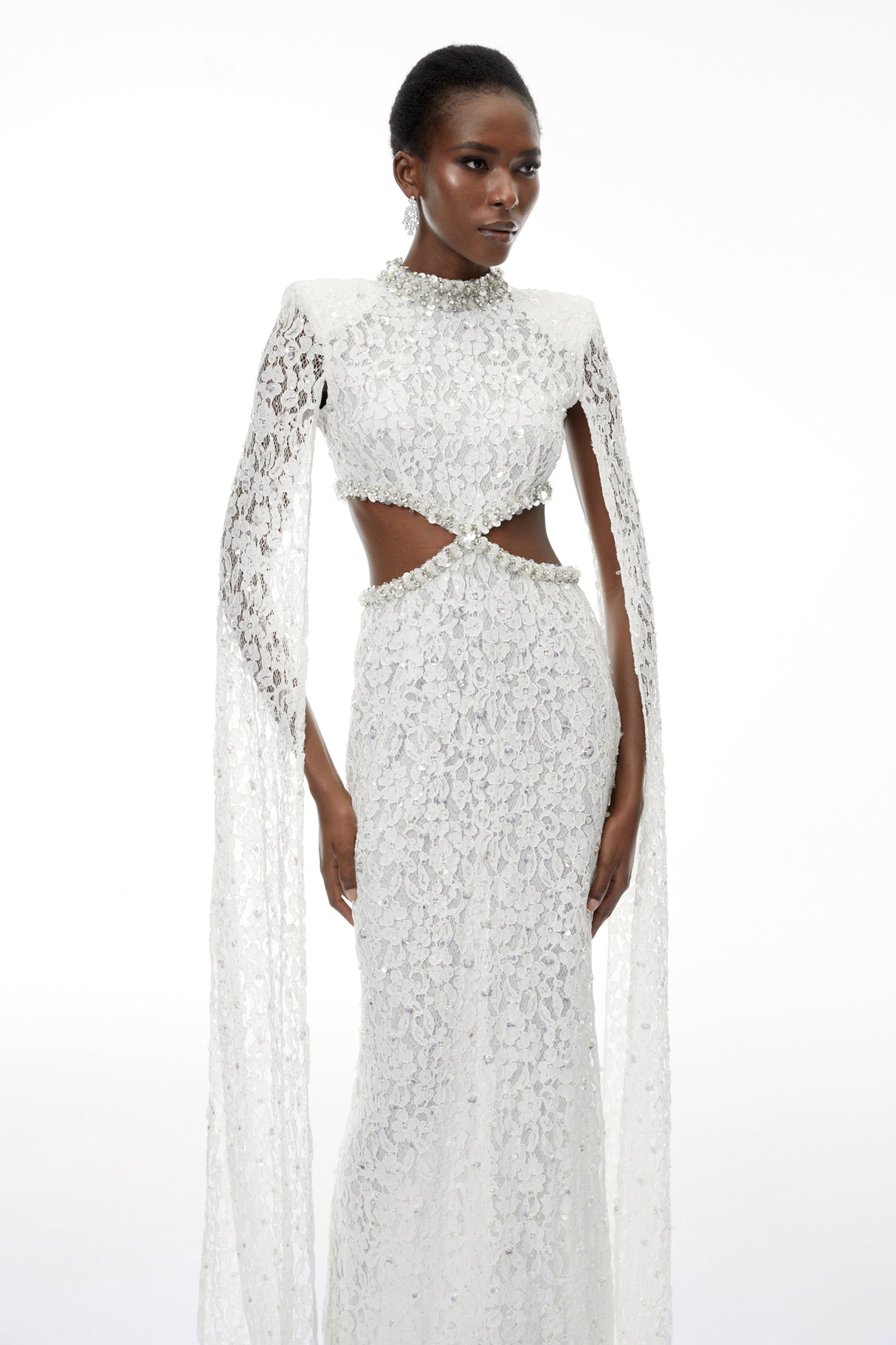 Aurohaya Chakame White Embellished Lace Maxi Dress