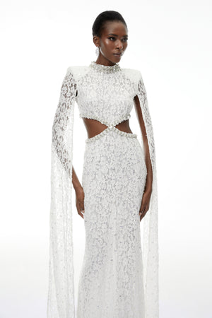 Aurohaya Chakame White Embellished Lace Maxi Dress