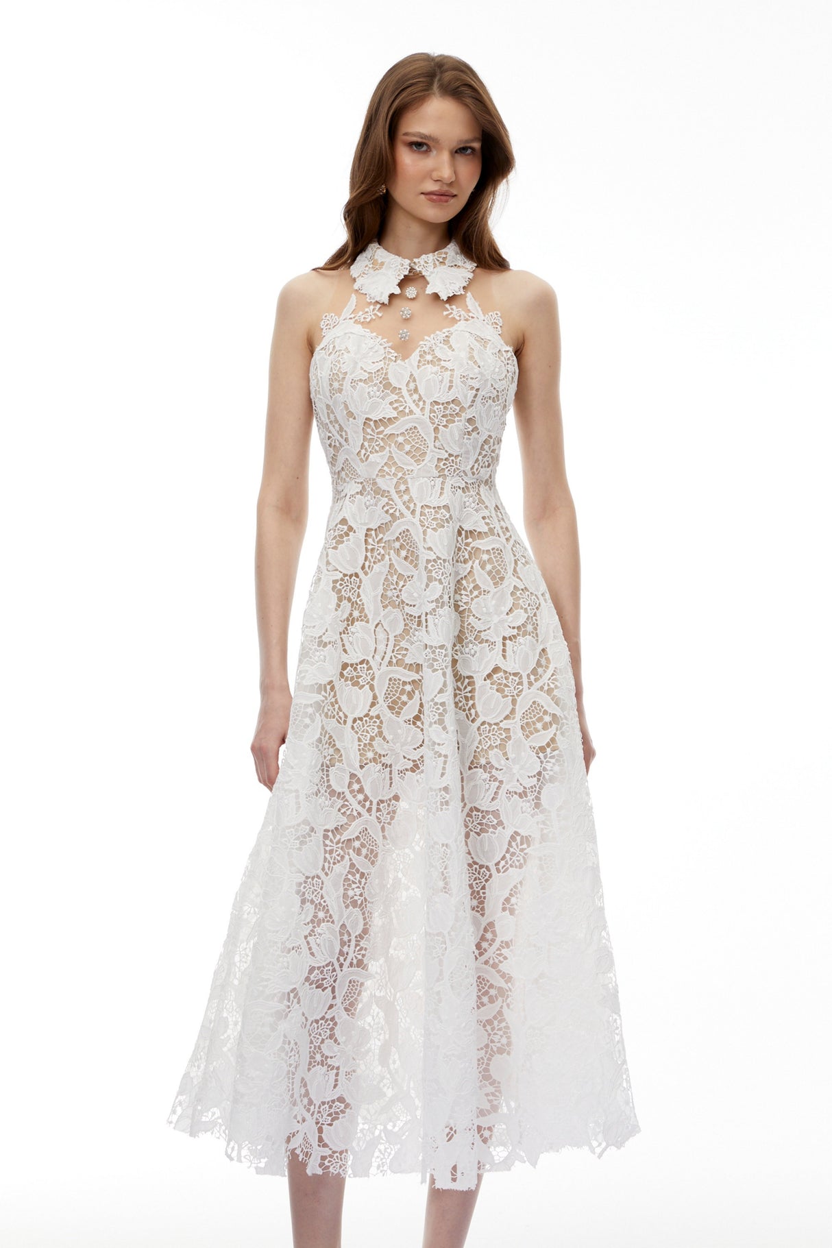 Aurohaya Chakame White Floral Lace Midi Dress