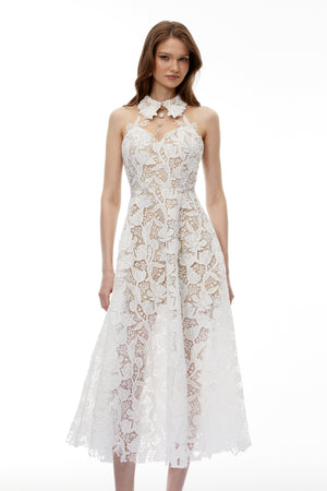 Aurohaya Chakame White Floral Lace Midi Dress
