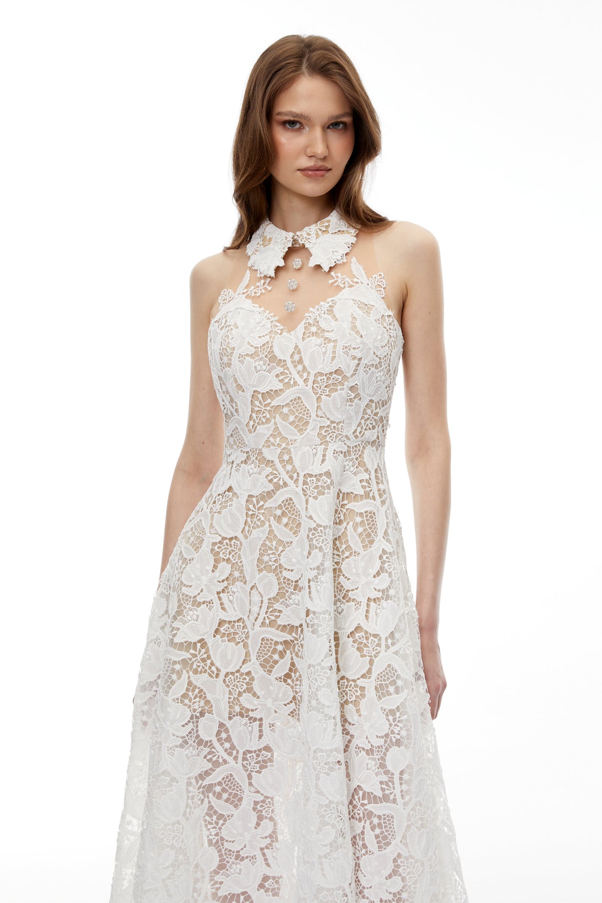 Aurohaya Chakame White Floral Lace Midi Dress