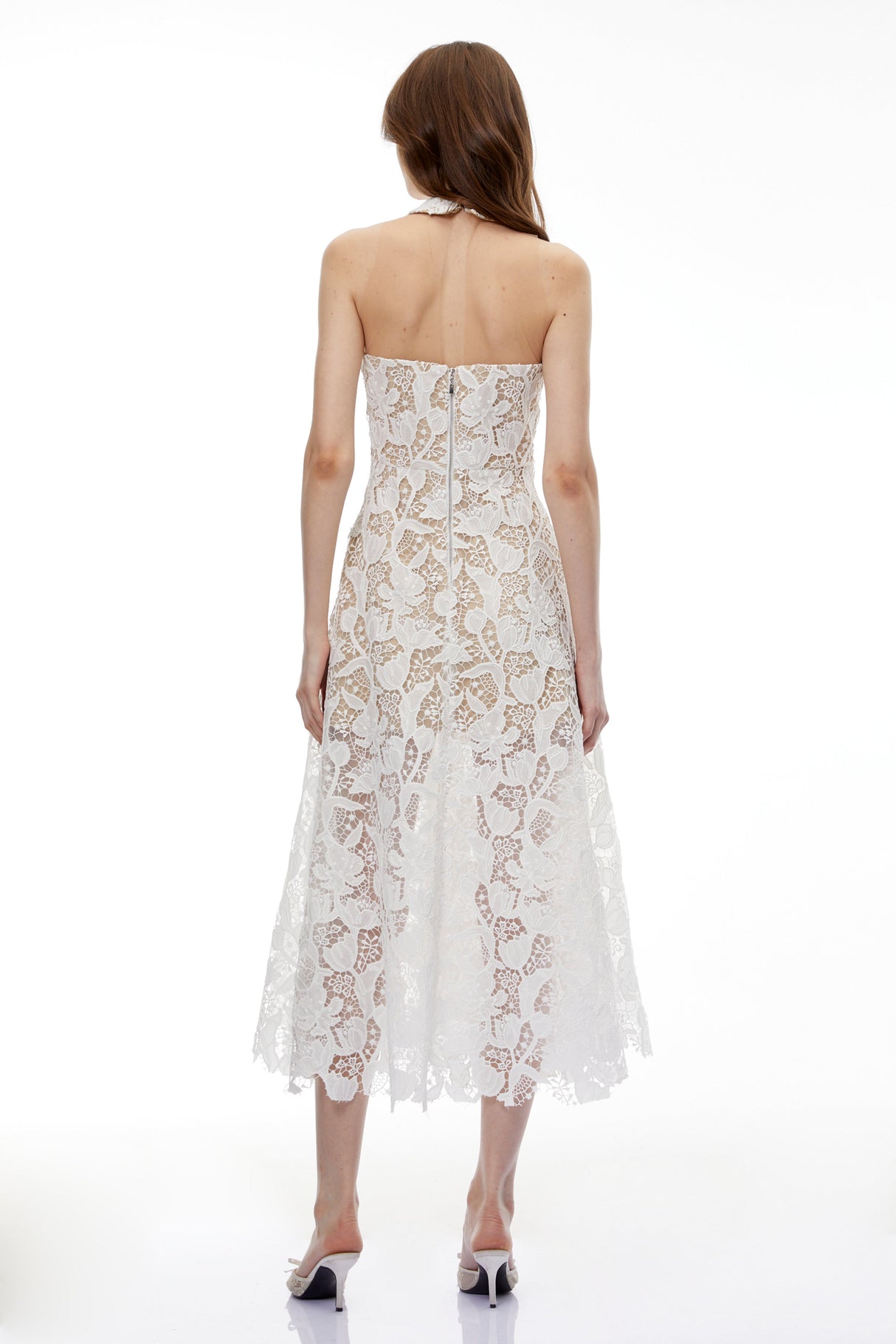 Aurohaya Chakame White Floral Lace Midi Dress