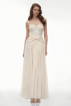 Aurohaya Brigitte Cream White Ruched Maxi Dress with Lace Panels