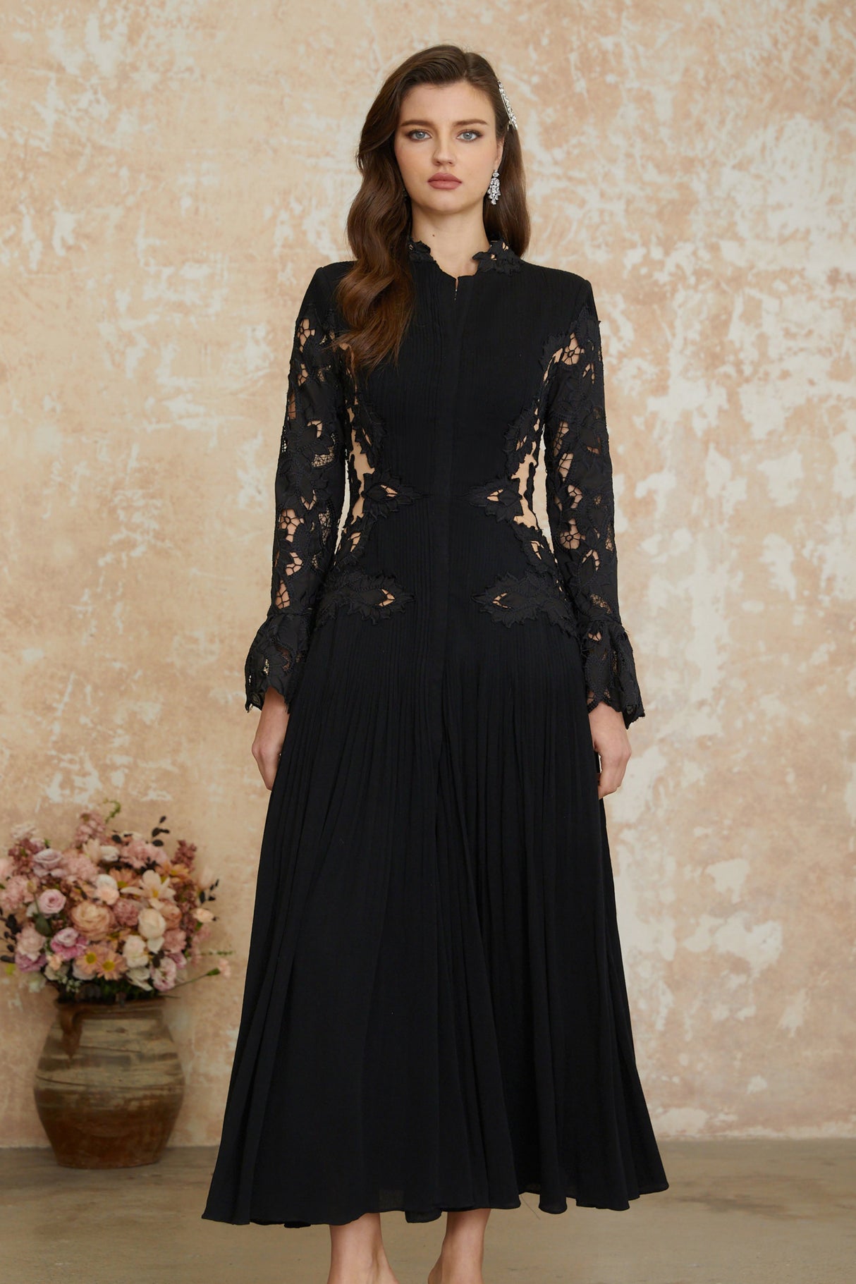 Aurohaya Chiara Black Lace Panel Pleated Midi Dress