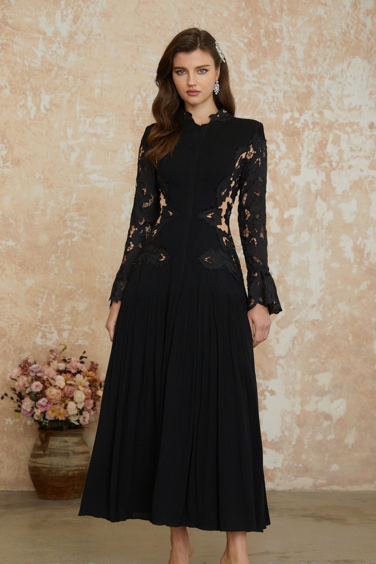 Aurohaya Chiara Black Lace Panel Pleated Midi Dress