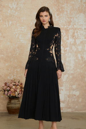 Aurohaya Chiara Black Lace Panel Pleated Midi Dress