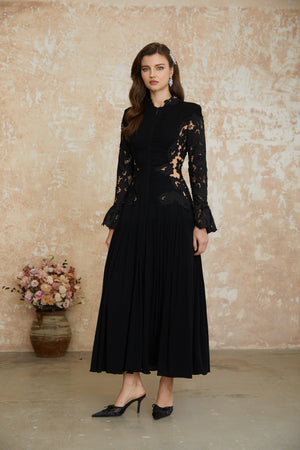 Aurohaya Chiara Black Lace Panel Pleated Midi Dress
