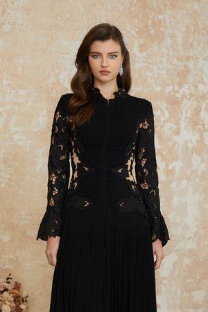 Aurohaya Chiara Black Lace Panel Pleated Midi Dress