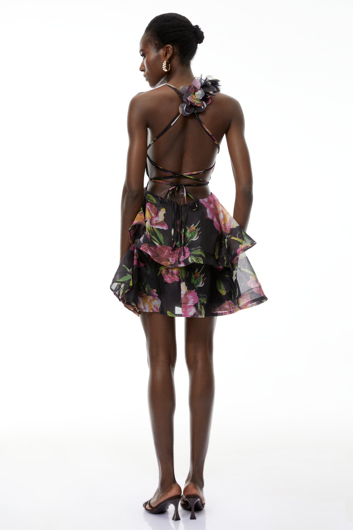 Aurohaya Chione Black Floral Applique Backless Mini Dress