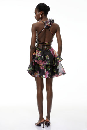 Aurohaya Chione Black Floral Applique Backless Mini Dress