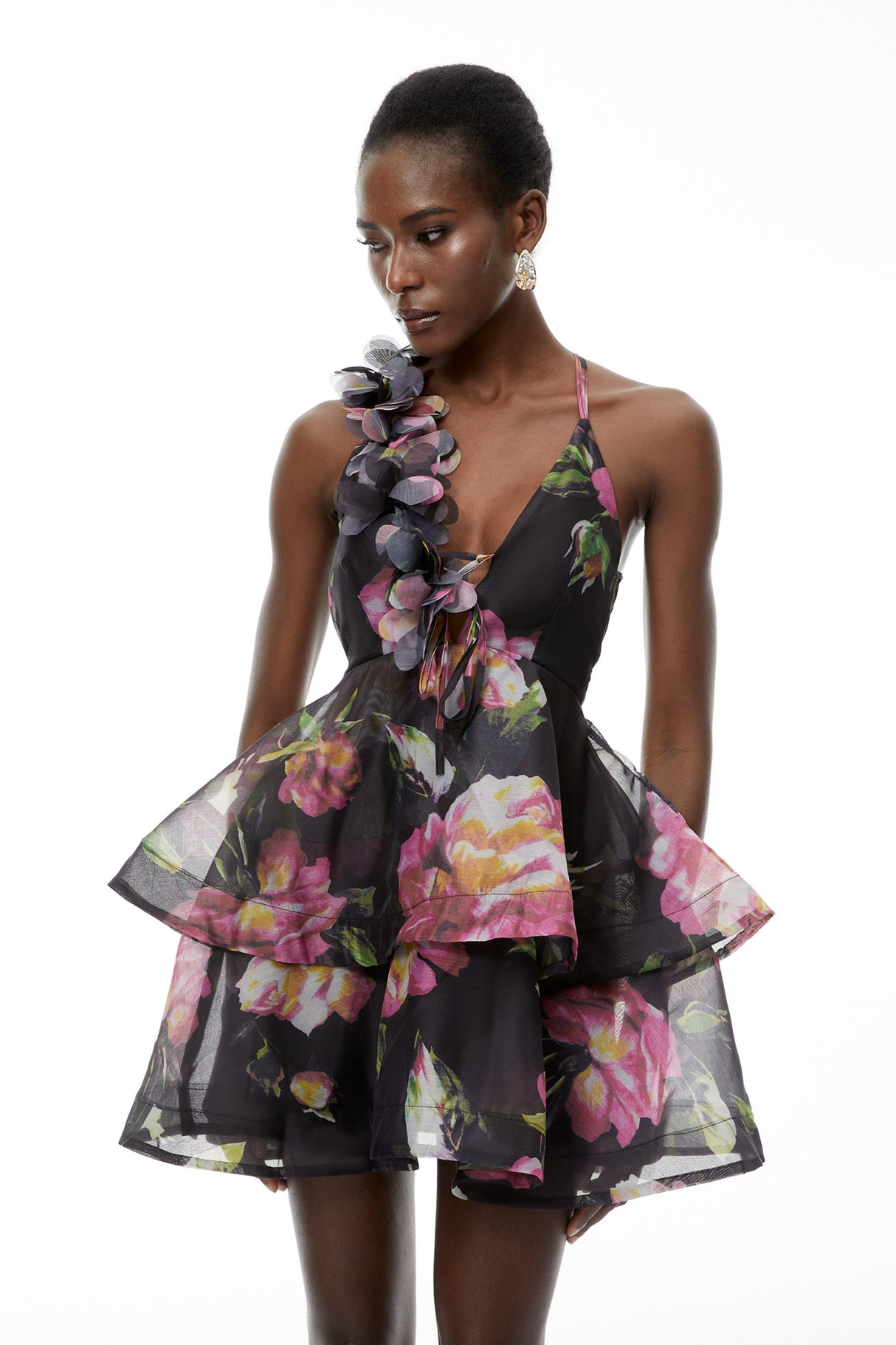 Aurohaya Chione Black Floral Applique Backless Mini Dress