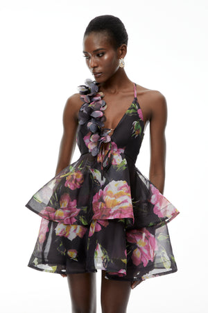 Aurohaya Chione Black Floral Applique Backless Mini Dress
