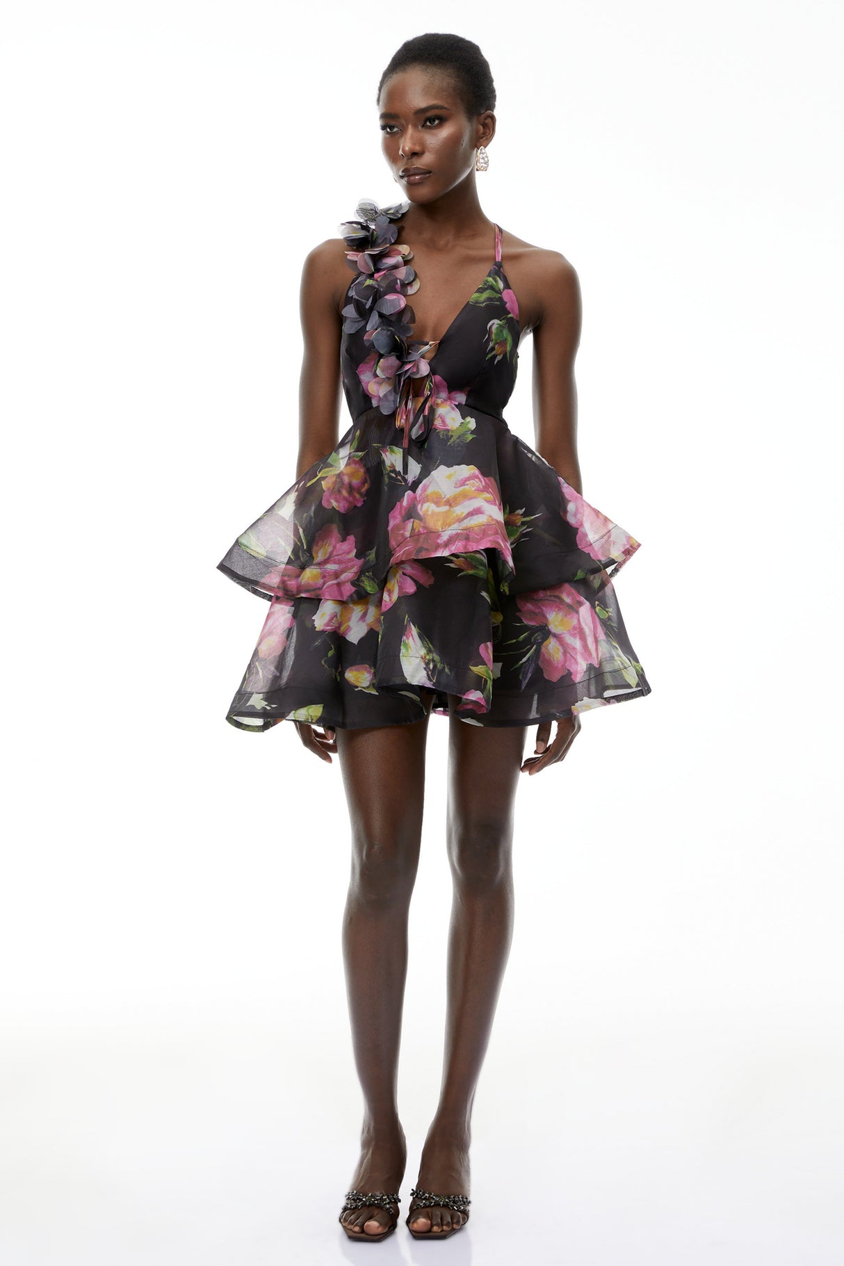 Aurohaya Chione Black Floral Applique Backless Mini Dress