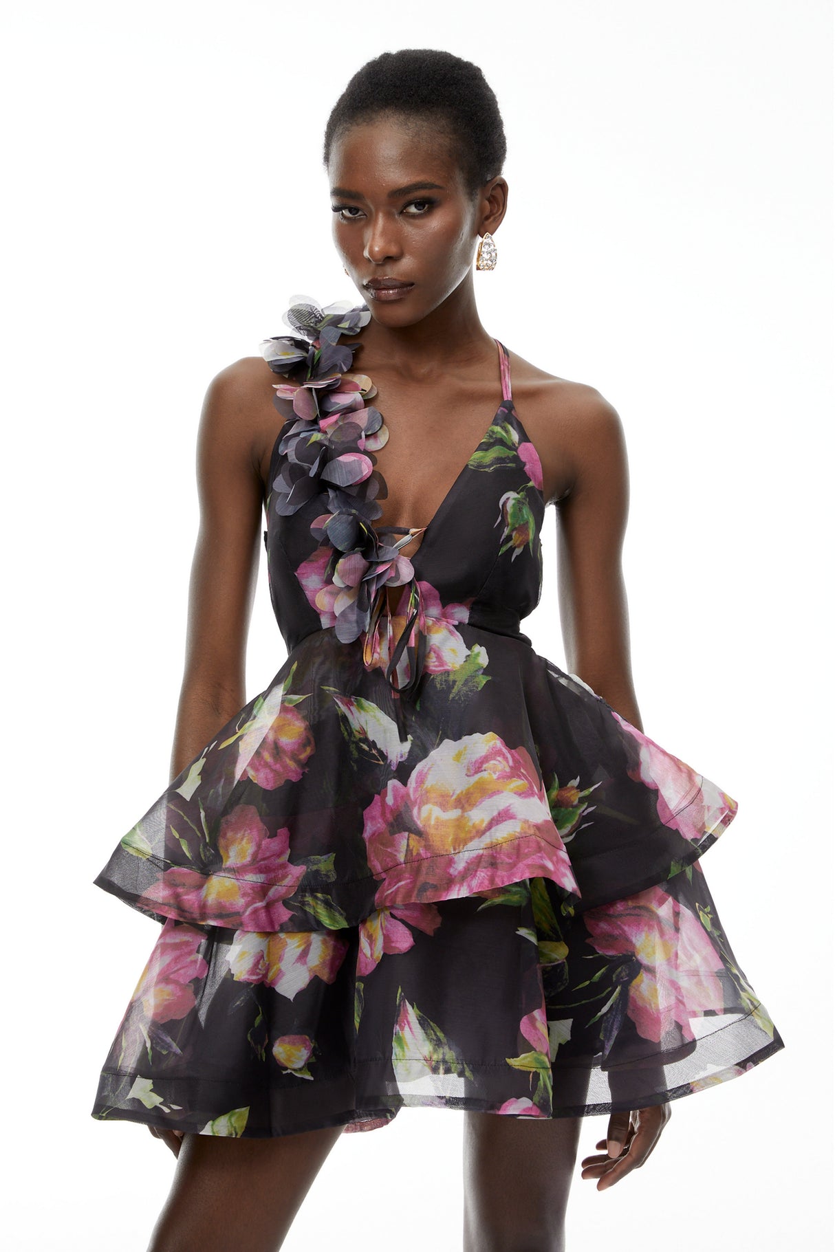 Aurohaya Chione Black Floral Applique Backless Mini Dress