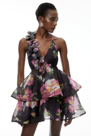 Aurohaya Chione Black Floral Applique Backless Mini Dress