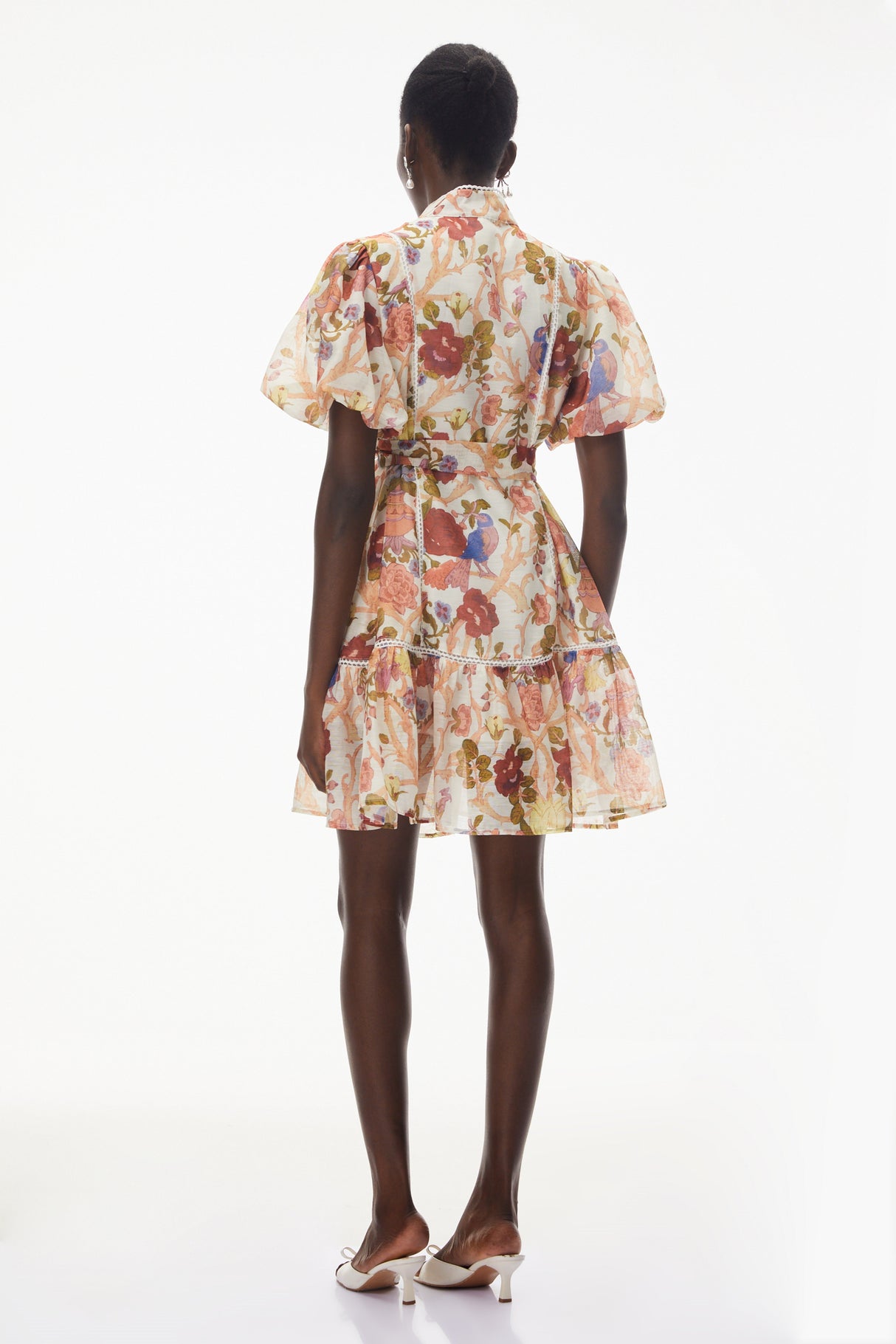 Aurohaya Chione Cream Floral Print Mini Dress with Lace Trim