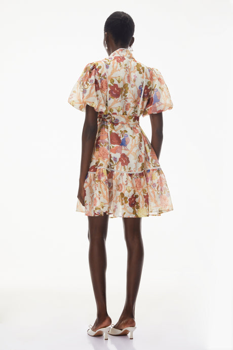 Aurohaya Chione Cream Floral Print Mini Dress with Lace Trim