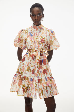 Aurohaya Chione Cream Floral Print Mini Dress with Lace Trim