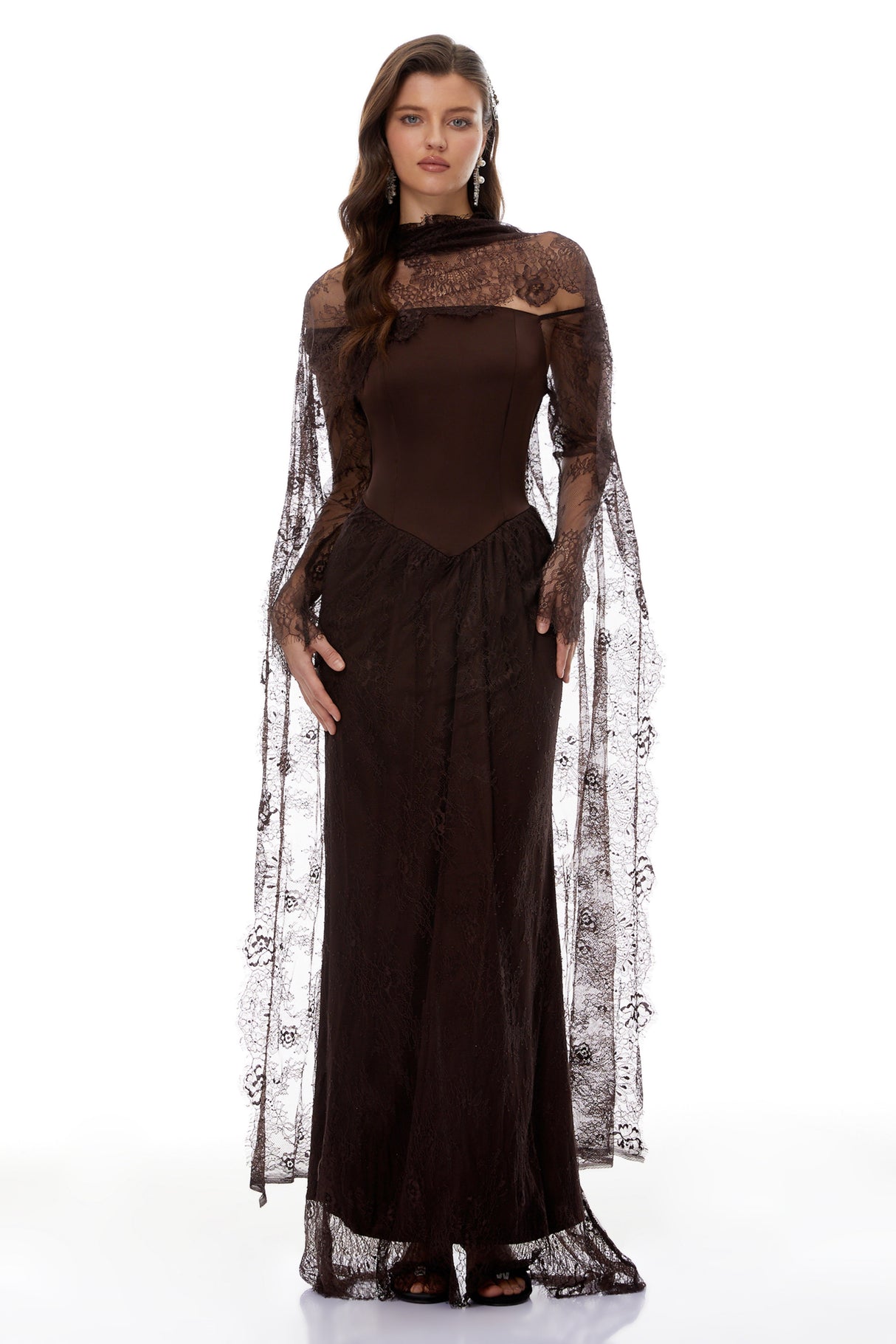 Aurohaya Christa Brown Floral Lace Maxi Dress with Cape