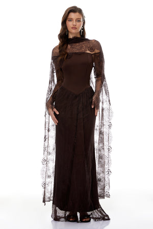 Aurohaya Christa Brown Floral Lace Maxi Dress with Cape