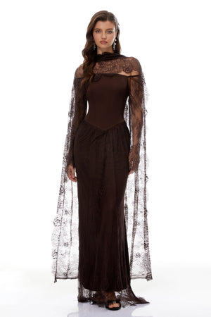 Aurohaya Christa Brown Floral Lace Maxi Dress with Cape