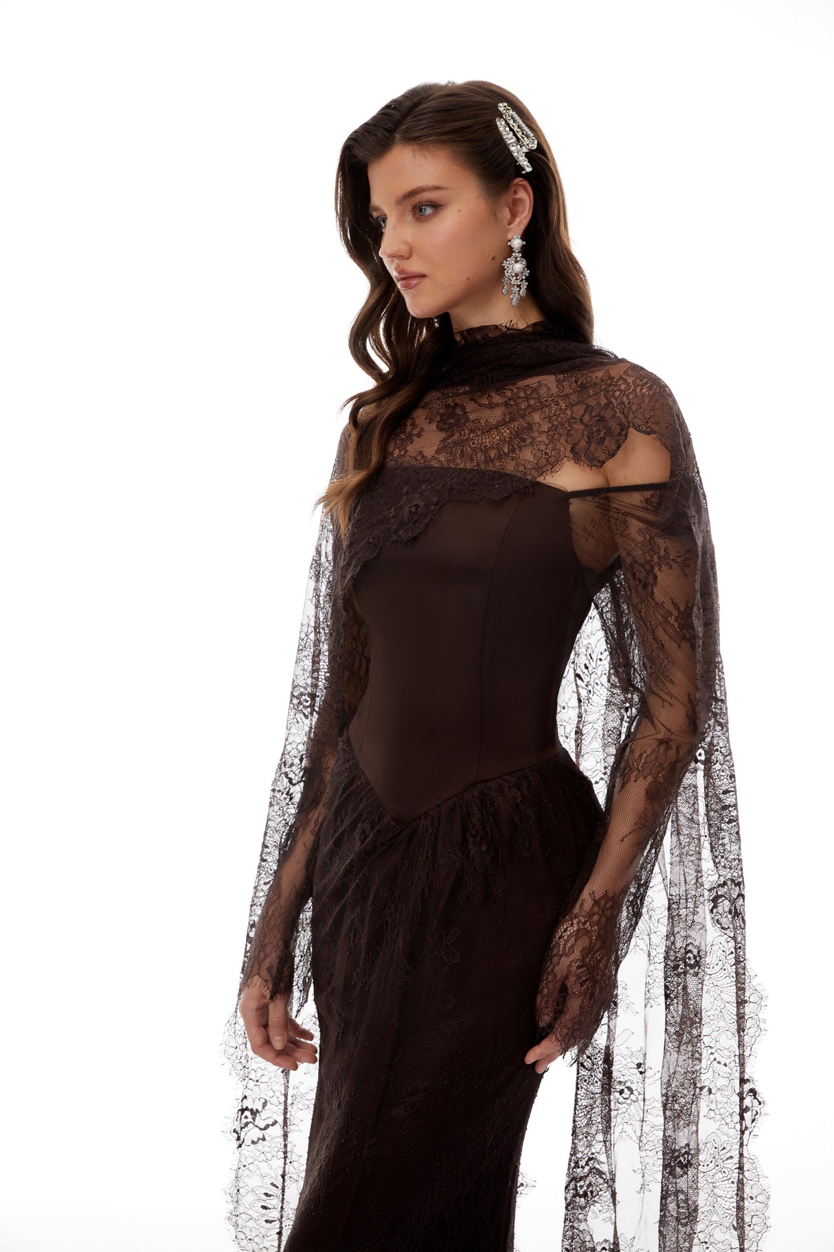 Aurohaya Christa Brown Floral Lace Maxi Dress with Cape