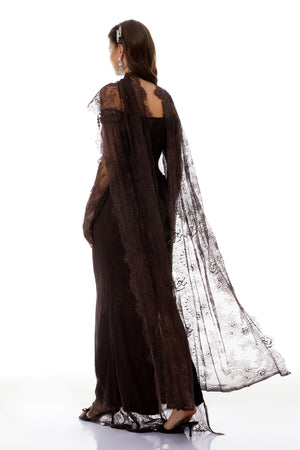 Aurohaya Christa Brown Floral Lace Maxi Dress with Cape