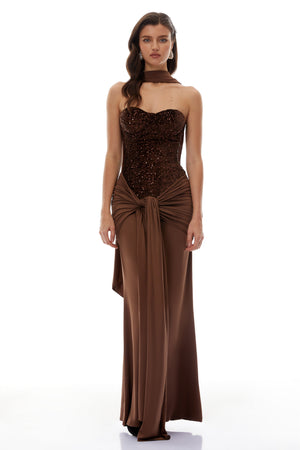 Aurohaya Christine Brown Off Shoulder Draped Maxi Dress