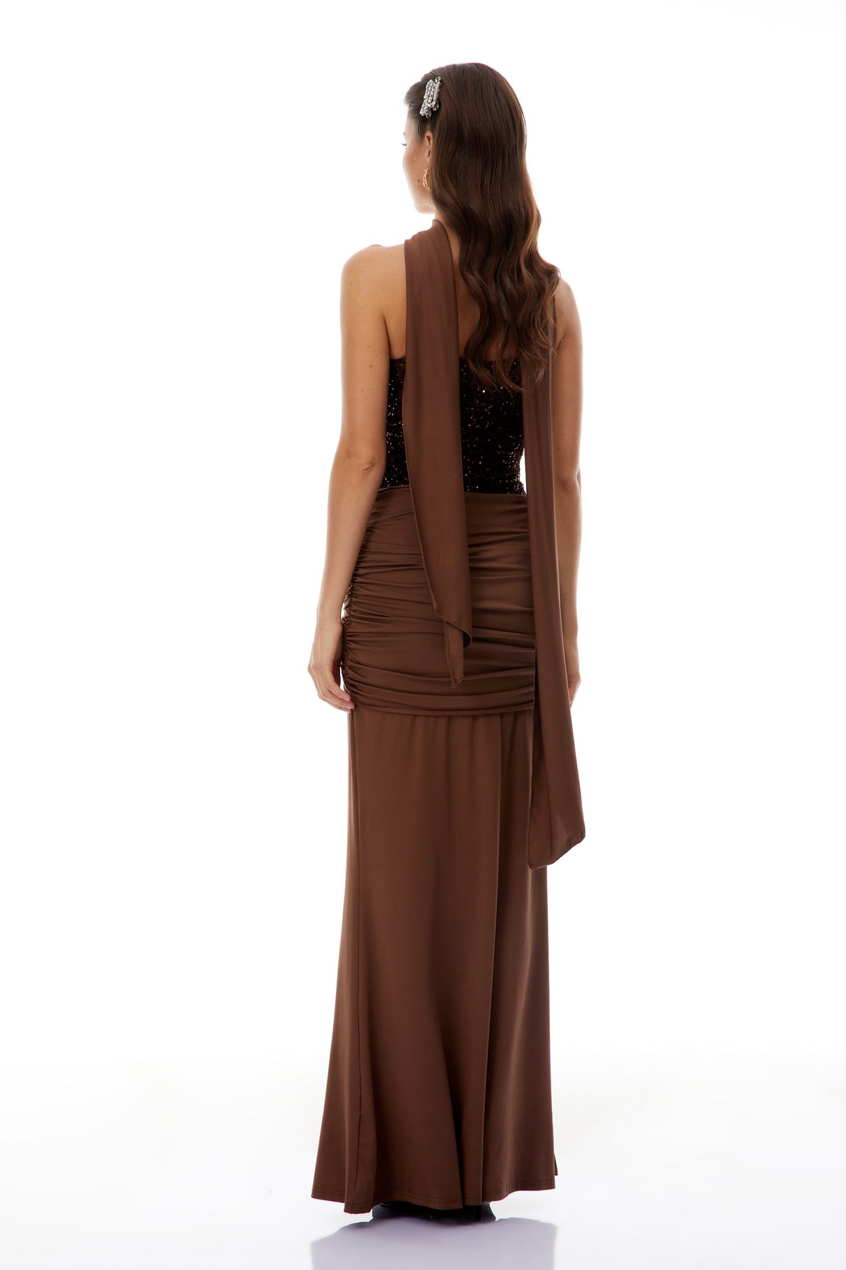Aurohaya Christine Brown Off Shoulder Draped Maxi Dress