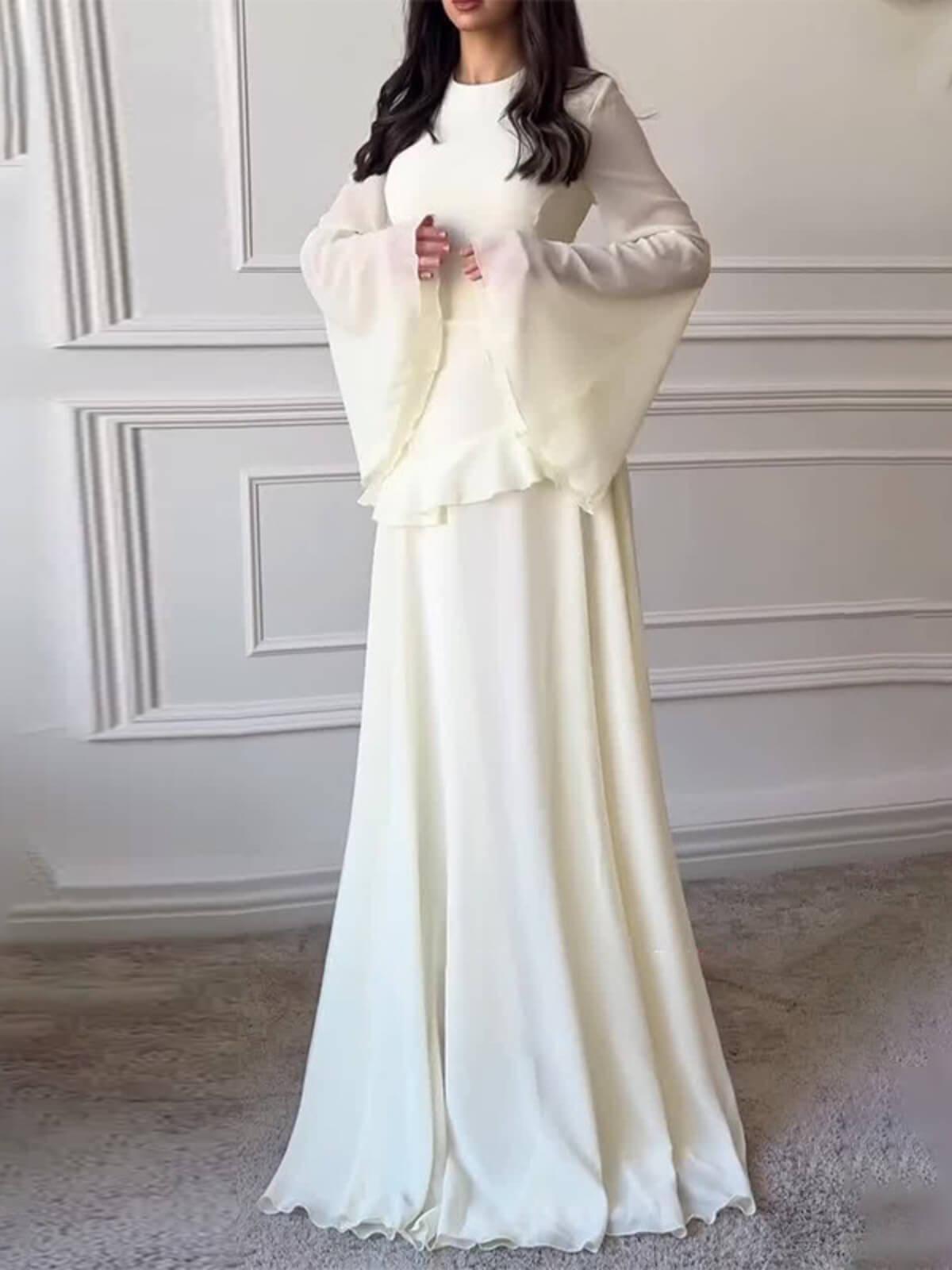 Aurohaya Cinched-Waist Bell‑Sleeve Ruffle Maxi Dress White