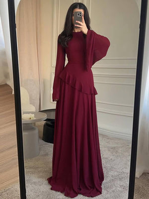 Aurohaya Cinched-Waist Bell‑Sleeve Ruffle Maxi Dress