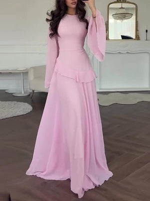 Aurohaya Cinched-Waist Bell‑Sleeve Ruffle Maxi Dress Pink