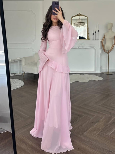 Aurohaya Cinched-Waist Bell‑Sleeve Ruffle Maxi Dress