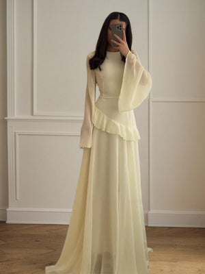 Aurohaya Cinched-Waist Bell‑Sleeve Ruffle Maxi Dress